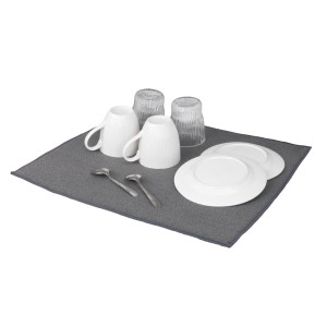 Wenko Miko tappetino scolapiatti in microfibra, grigio, con stoviglie. Tappetino asciugatura assorbente per la cucina.