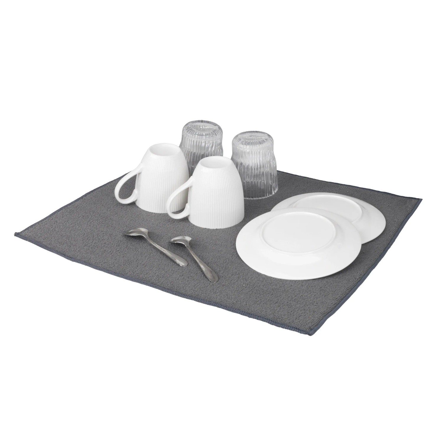 Wenko Miko tappetino scolapiatti in microfibra, grigio, con stoviglie. Tappetino asciugatura assorbente per la cucina.