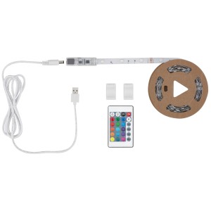 Striscia LED t.b.t. con telecomando, cavo USB e clip di montaggio.