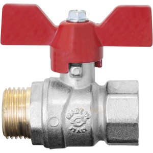 Valvola a sfera t.b.t. con maniglia a farfalla rossa.
