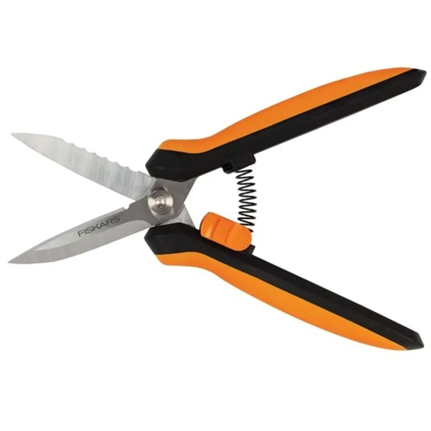 Forbici da giardino multiuso Fiskars SP320, arancio-nero, con lama seghettata e tagliafili.