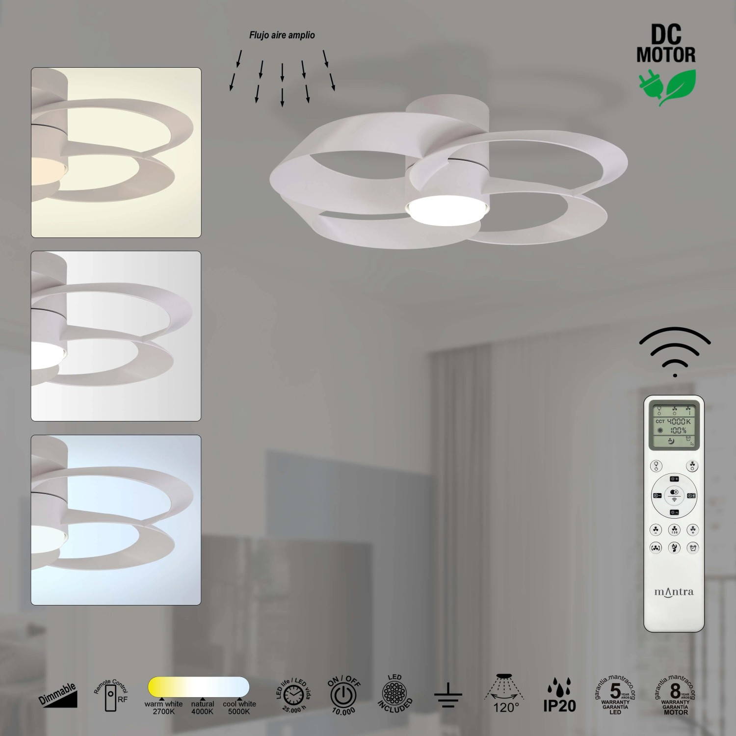 Ventilatore LED bianco con telecomando per colori di luce variabili.