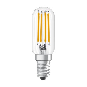 Lampadina LED E14 trasparente con forma allungata e filamenti visibili.