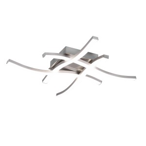 Plafoniera LED moderna con elementi curvi color argento.