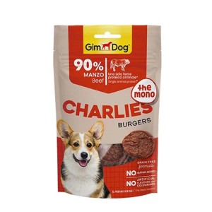 GimDog Charlies Burgers snack per cani con manzo, senza cereali e senza zuccheri aggiunti.
