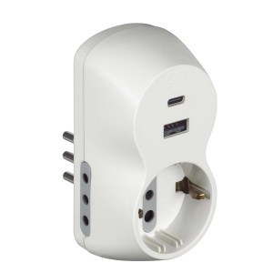 Presa t.b.t. bianca con porte USB e USB-C per dispositivi elettrici.