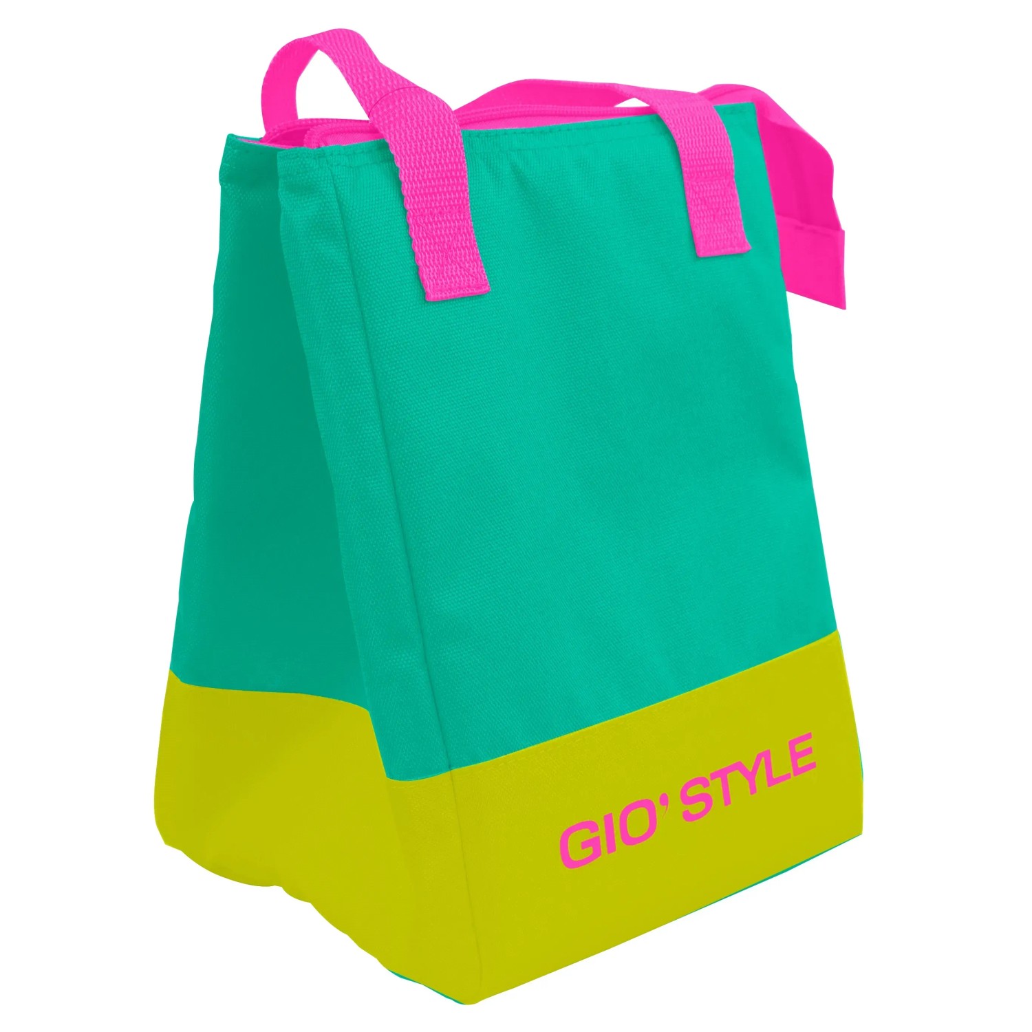Borsa termica da campeggio t.b.t., turchese-gialla con manici rosa.