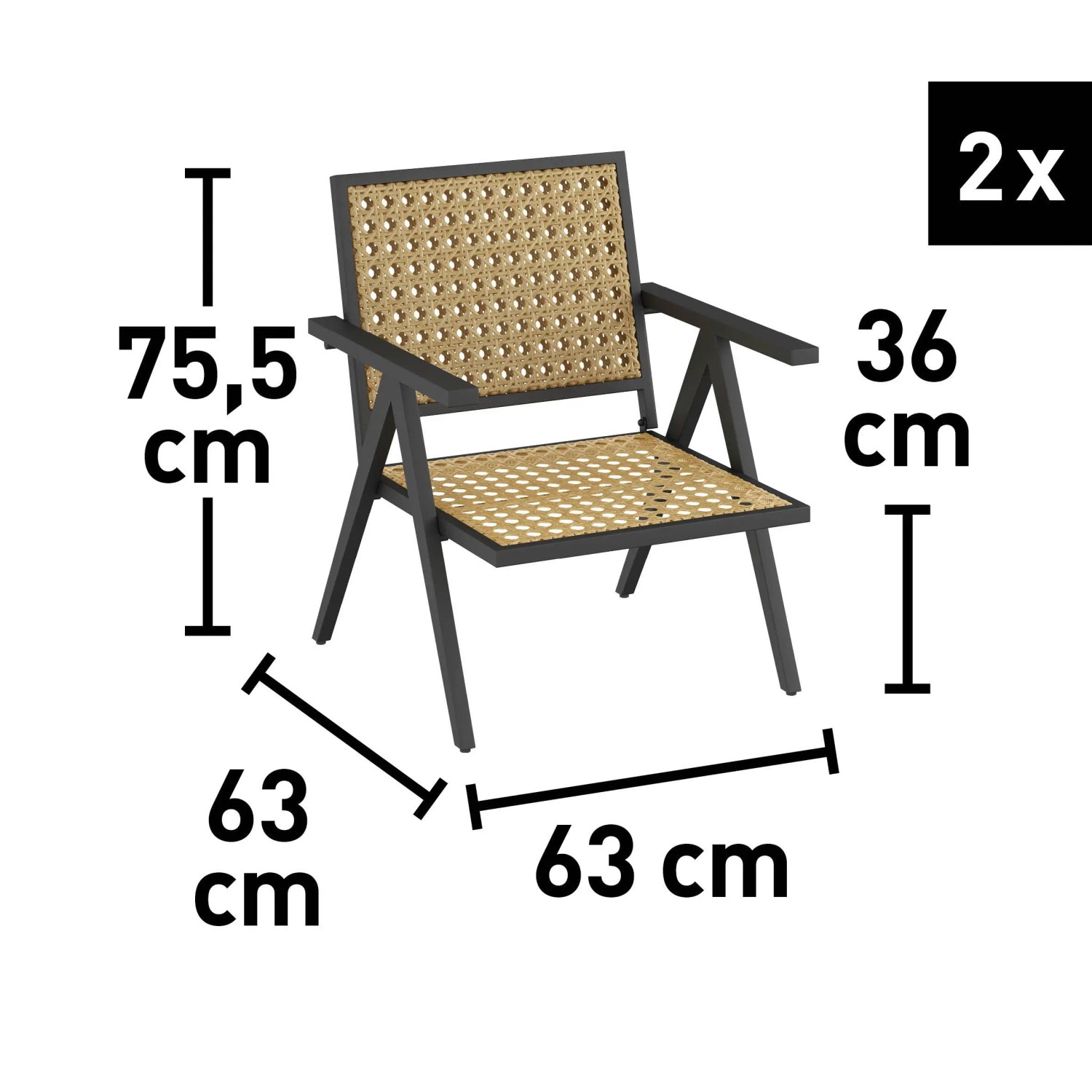 Immagine di due poltrone in rattan del set di mobili da giardino con dimensioni.