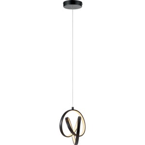 Moderna lampada a sospensione t.b.t. nera con design curvo per interni.
