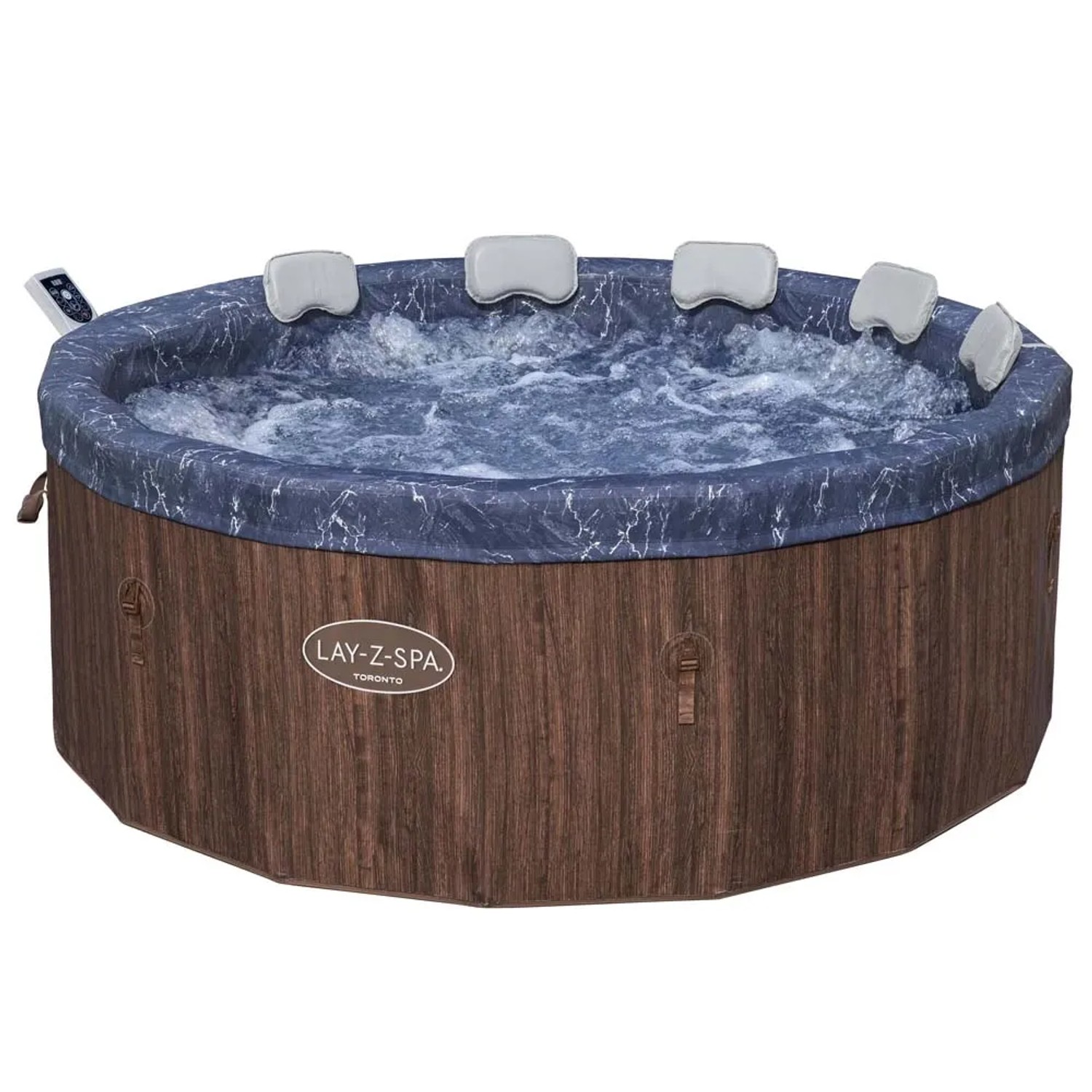 Vasca idromassaggio rotonda Lay-Z-Spa Toronto con interno blu marmorizzato e pannelli effetto legno.