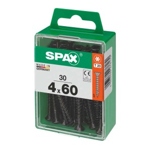 Viti SPAX, 4x60 mm, 30 pezzi in contenitore di plastica verde. Elementi di fissaggio universali.