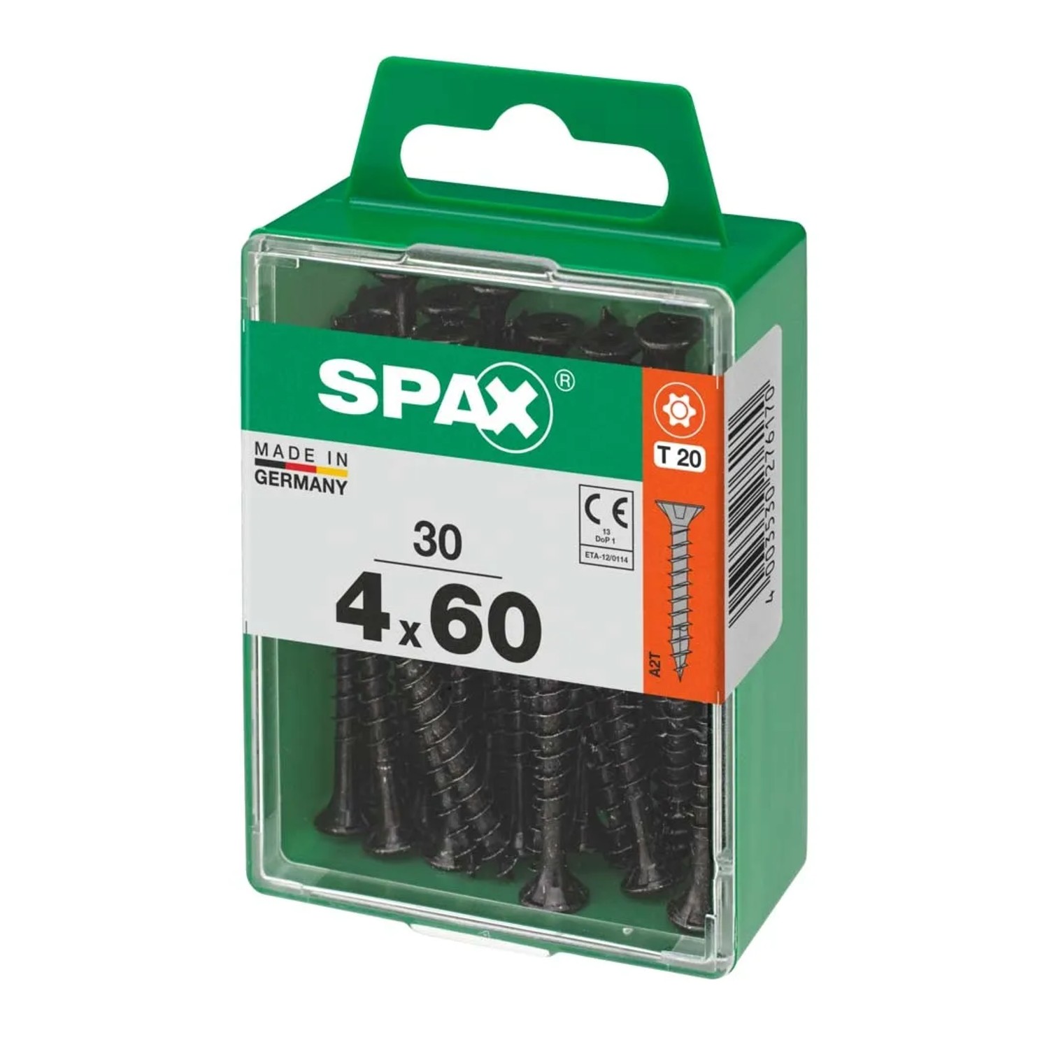 Viti SPAX, 4x60 mm, 30 pezzi in contenitore di plastica verde. Elementi di fissaggio universali.