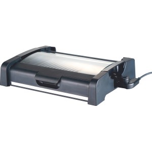 Griglia elettrica da tavolo Ottawa nera con coperchio in vetro, ideale per grigliate senza fumo.