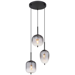 Lampada a sospensione moderna con tre paralumi in vetro grigio, ideale come lampada a sospensione.