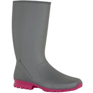 Stivali di gomma grigi con suola rosa per giardinaggio.