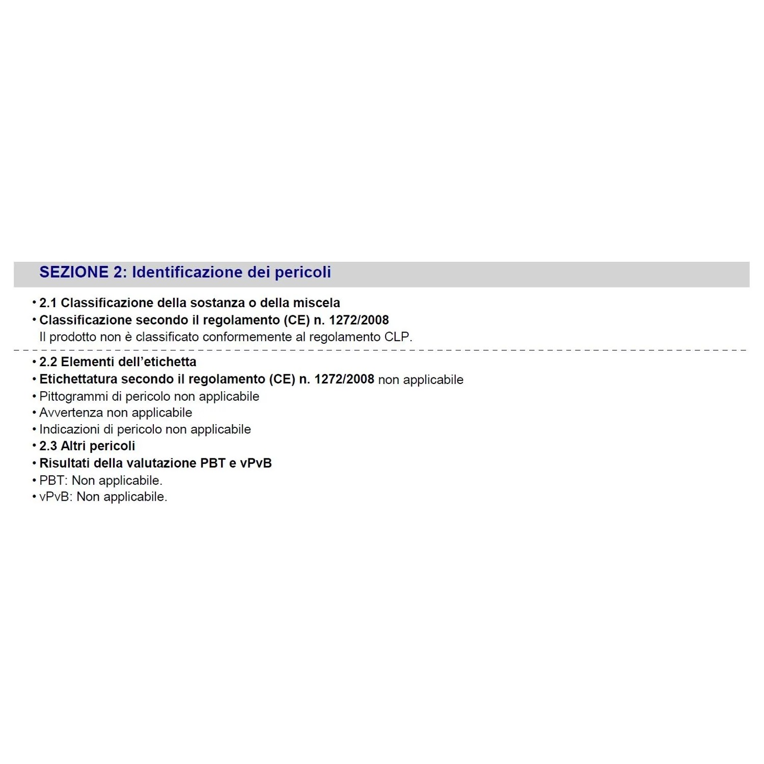 Estratto della scheda di sicurezza: Sezione 2, indicazioni di pericolo e informazioni sulla sicurezza.
