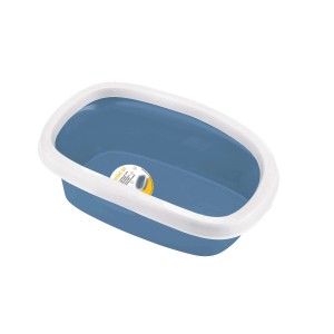 Vasca da bagno blu per cani con bordo bianco, ideale per cani di piccola taglia.