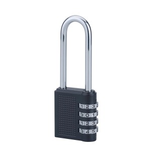 Lucchetto a combinazione nero con arco lungo per maggiore sicurezza.