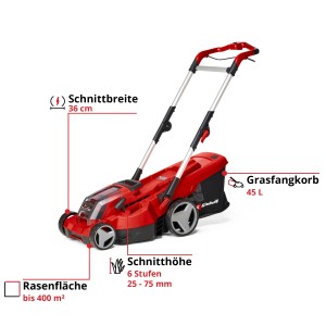 Tagliaerba a batteria Einhell Rasarro 36/36, rosso, con cesto di raccolta. Tagliaerba cordless per prati fino a 400 m².