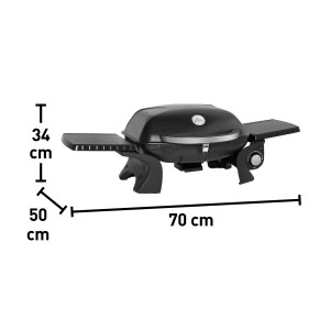 Grill elettrico nero Jamestown EQ01 con tavolini laterali e termometro sul coperchio, dimensioni indicate.