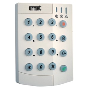 Tastiera bianca per sistema di allarme Urmet con tastierino numerico e indicatori di stato.