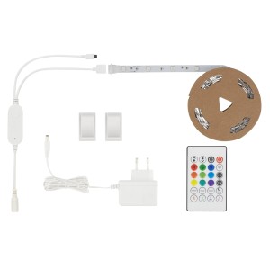 Set striscia LED t.b.t. con telecomando, alimentatore e accessori.