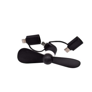Mini ventilatore nero t.b.t. con vari connettori.