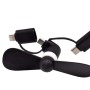 Mini ventilatore nero t.b.t. con vari connettori.