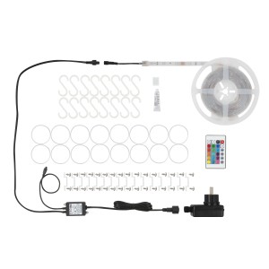 Set striscia LED t.b.t. con accessori come ganci, colla, telecomando e alimentatore.