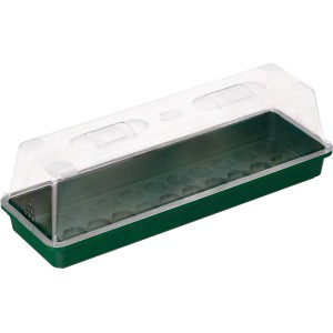 Vassoio per serra verde con coperchio trasparente, 58x19x6 cm, per la propagazione delle piante.