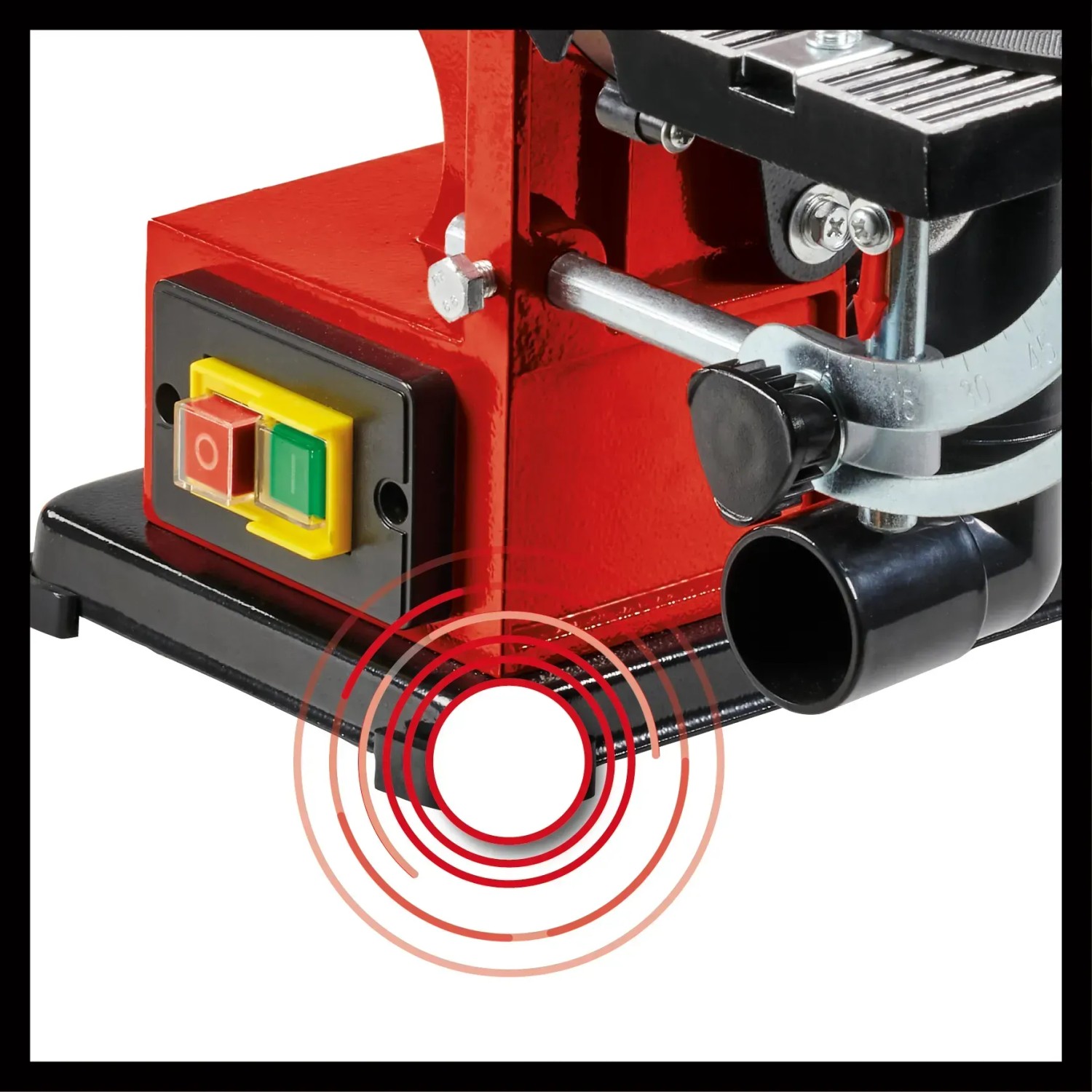 Dettaglio della levigatrice a nastro e disco Einhell TC-US 380, con focus sui comandi e l'aspirazione della polvere.