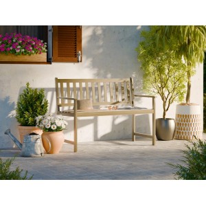 Panca da giardino Kentwood a 2 posti in legno di acacia effetto teak, con braccioli. Scena decorativa del giardino.