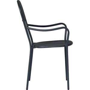 Sedia da giardino t.b.t., vista laterale. Struttura in metallo con braccioli.