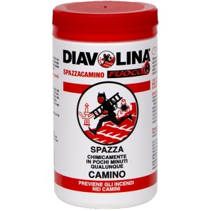 Diavolina Spazzacamino, pulitore chimico per camini in contenitore con coperchio rosso.