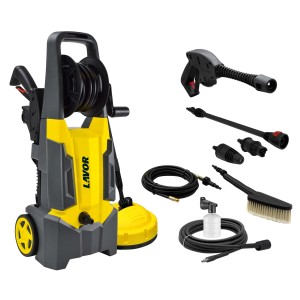 Idropulitrice giallo-grigia con accessori. Ideale per la pulizia della casa.