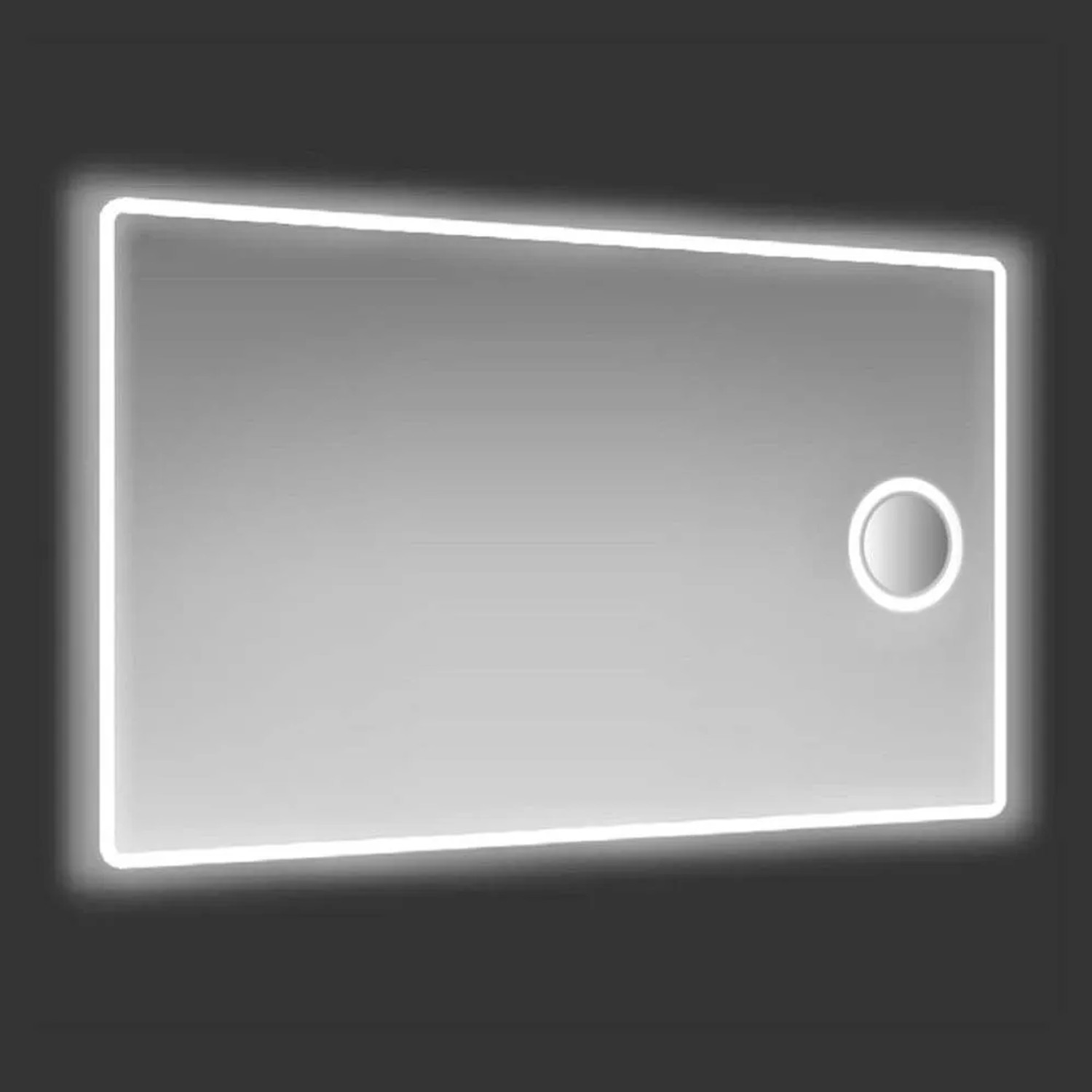 Specchio da parete rettangolare con cornice LED e interruttore touch rotondo.