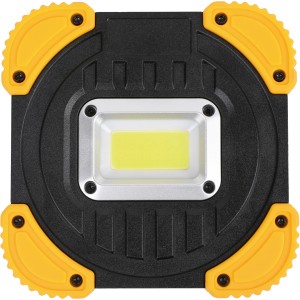 Lampada da lavoro COB-LED nera con rinforzi angolari gialli, 600 lumen.