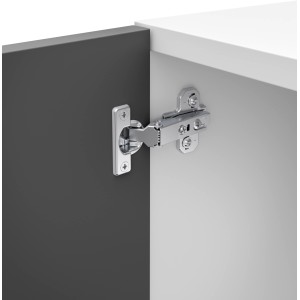 Cerniera Hettich Mini, sovrapposta, 15-25 mm, su anta mobile grigia e bianca.