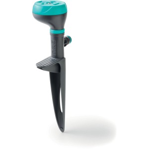 Irrigatore di superficie t.b.t., grigio/turchese, per irrigazione del prato.