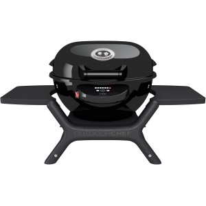 Barbecue elettrico Outdoorchef Minichef 420 E, nero, con coperchio e tavolini laterali.