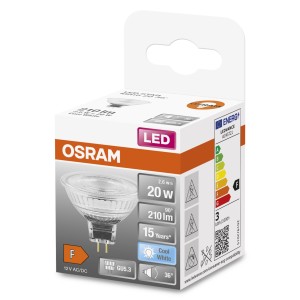 Lampadina LED GU5.3 di Osram, confezionata. 2.6W, sostituzione 20W, 210 lumen, bianco freddo.