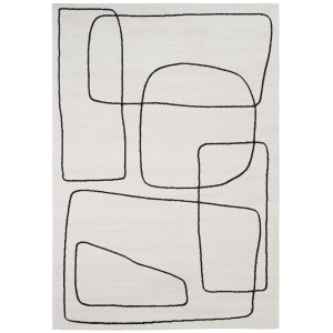 Tappeto moderno con motivo astratto a linee nere su fondo beige.