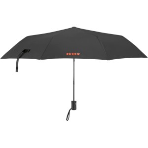 Ombrello OBI nero aperto, semiautomatico, diametro 98 cm, con logo OBI e cinturino da polso.