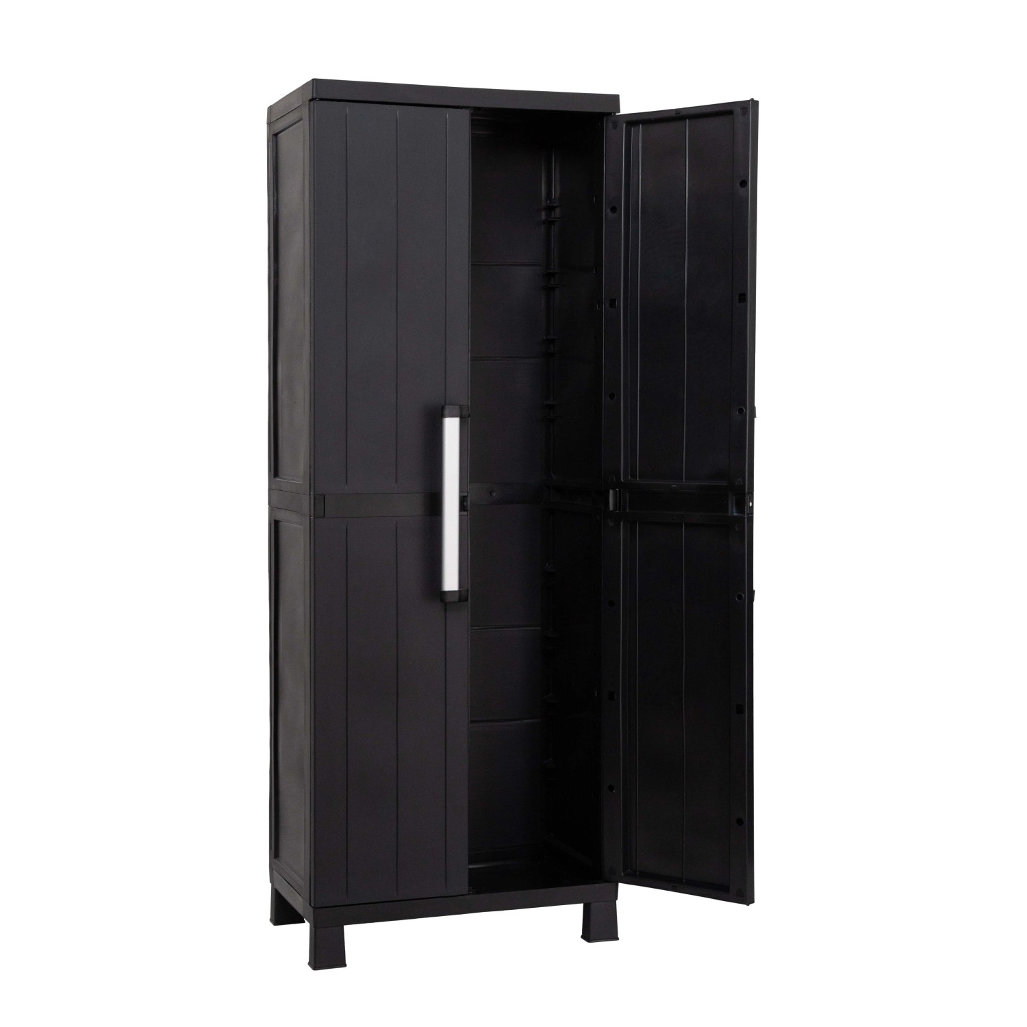 Armadio nero t.b.t., parzialmente aperto, per interni ed esterni.