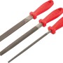 Set lime Ellix, 3 pezzi: lima piatta, mezzotonda e tonda con manico rosso.