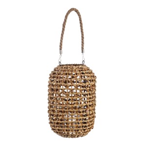 Lanterna decorativa in rattan con manico in corda.