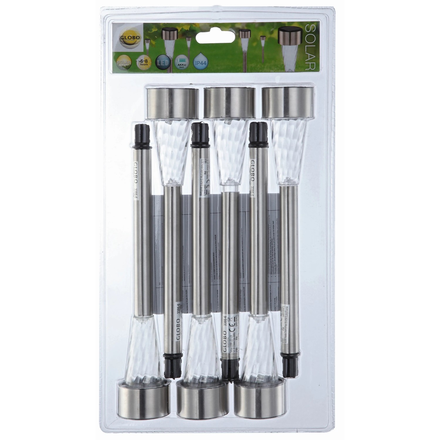 Set di 6 luci solari Globo in acciaio inox e plastica, ideali come decorazione per il giardino.