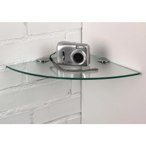 Mensola angolare in vetro con fotocamera come decorazione, ideale per piccoli spazi. Categoria: Scaffali.