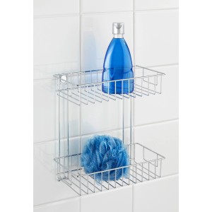 Mensola a muro Wenko Classic cromata, a 2 ripiani, con bagnoschiuma e spugna da bagno.