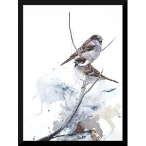 Quadro Quadri: Due passeri su un ramo, pittura ad acquerello.